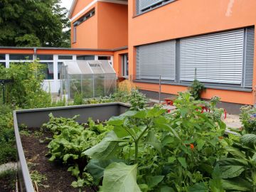 Hochbeet mit Pflanzen im Garten der offenen Ganztagsschule am Wittmoor